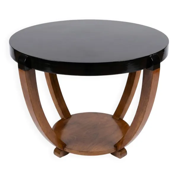 Grand guéridon / Table basse Art Déco à pieds sabres (1930) – Laque no