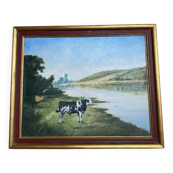 Vache au bord d’une rivière – École française, fin XIXe siècle