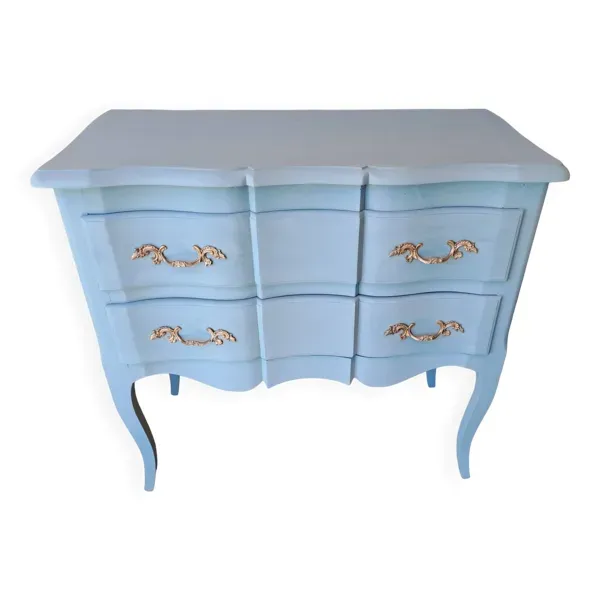 Commode en bois massif repeint bleu lagune style Louis XV à 2 tiroirs