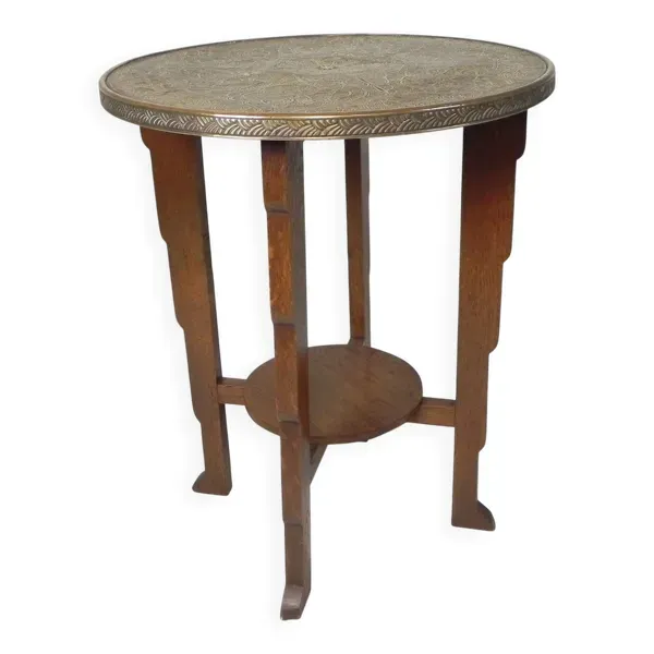 Table Art Déco avec plateau en laiton, Amsterdam School, années 1930