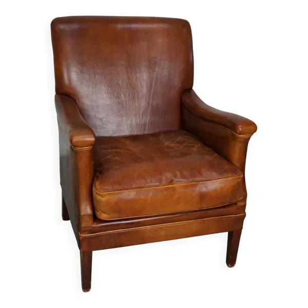 Fauteuil club en cuir couleur cognac néerlandais vintage