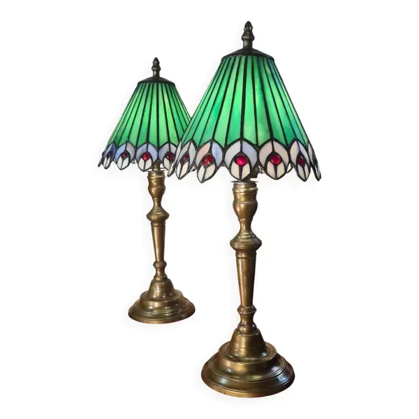 Paire lampe laiton ancienne art nouveau,  Abat jour verre 46x20 vitrail sty