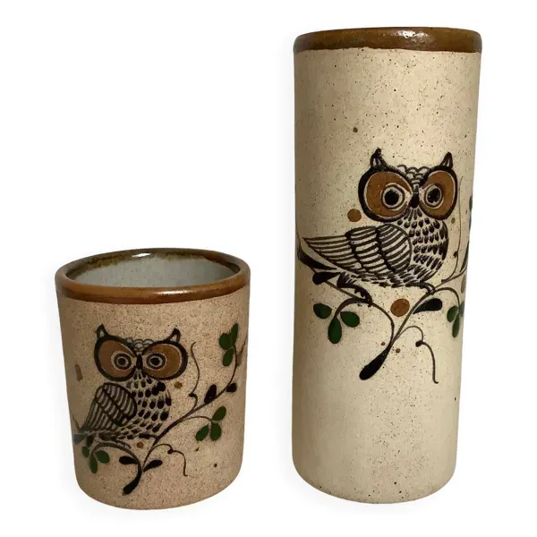 Paire vases rouleaux hiboux chouettes Tonala Mexicain