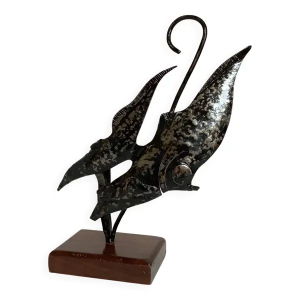 Sculpture poisson en métal et bois