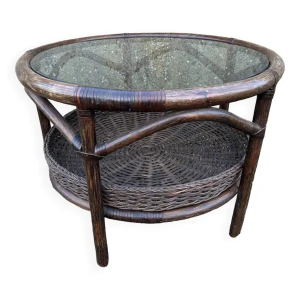 Table basse ronde en rotin et bambou, vintage 1960