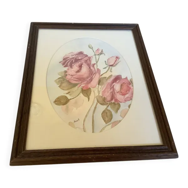 Tableau bouquet de roses aquarelle signée