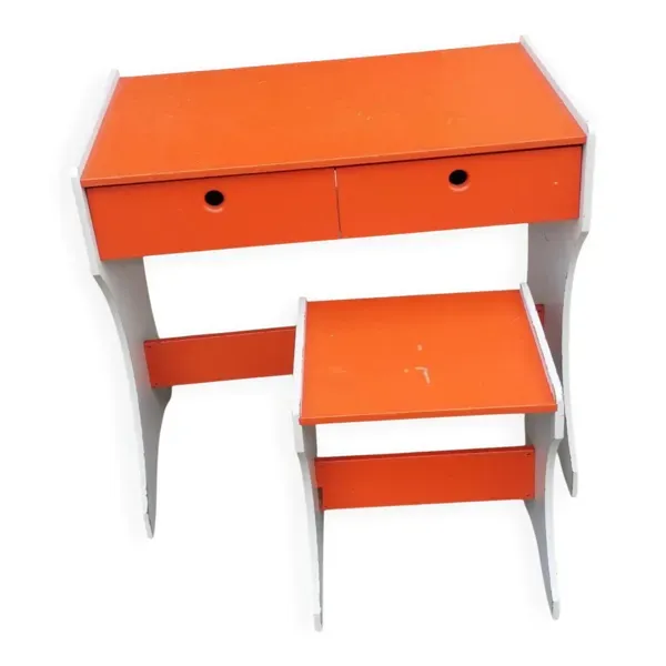 Bureau et tabouret d'écolier en bois peint orange - Années 1950 - 1970.