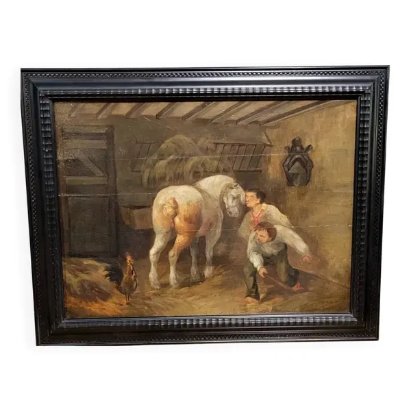 Tabbleau: Ecole Flamande du XVIIIeme : huile sur panneau / l'écurie