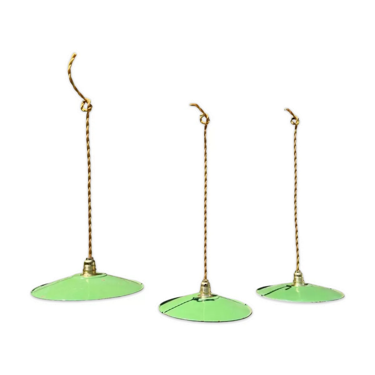 Lot 3 suspension vintage abat jour tôle émaillée verte et blanche indus ferme