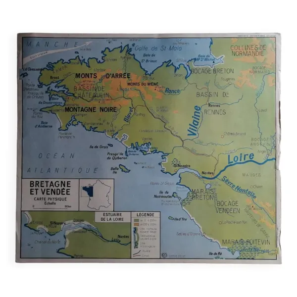 Carte scolaire vintage mdi france bretagne, vendée, pays de la loire.