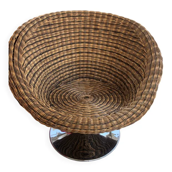 Fauteuil boule demi sphère pivotant vintage osier rotin