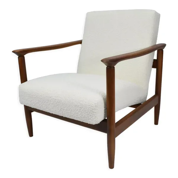 Fauteuil vintage original restauré poil de bras, designer E. Homma, années 1960, blanc bouclé
