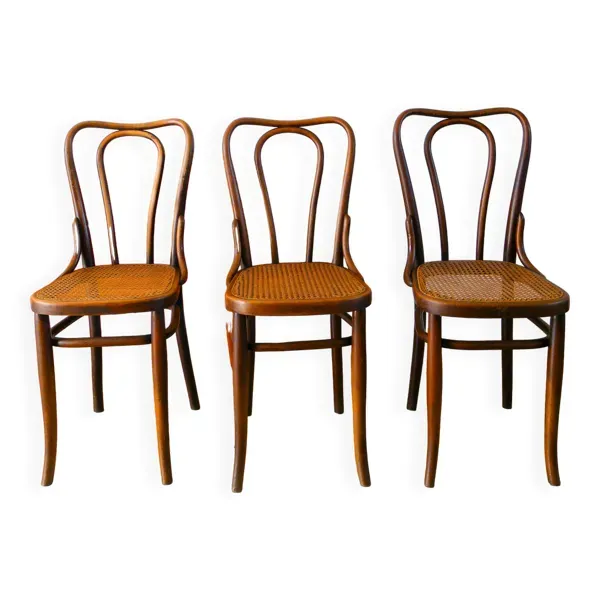 Ensemble de 3 chaises bistrot en bois et cannage signées J. Kohn, Made in Austria, XXème