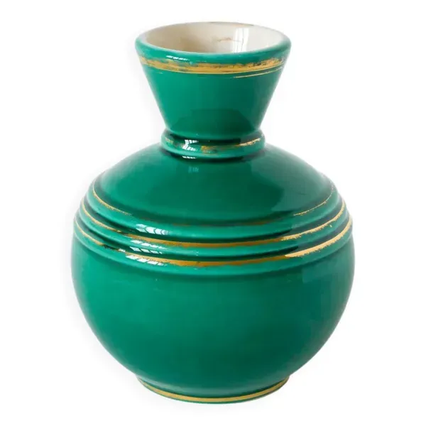 Vase en barbotine / céramique, vert et doré, 1960