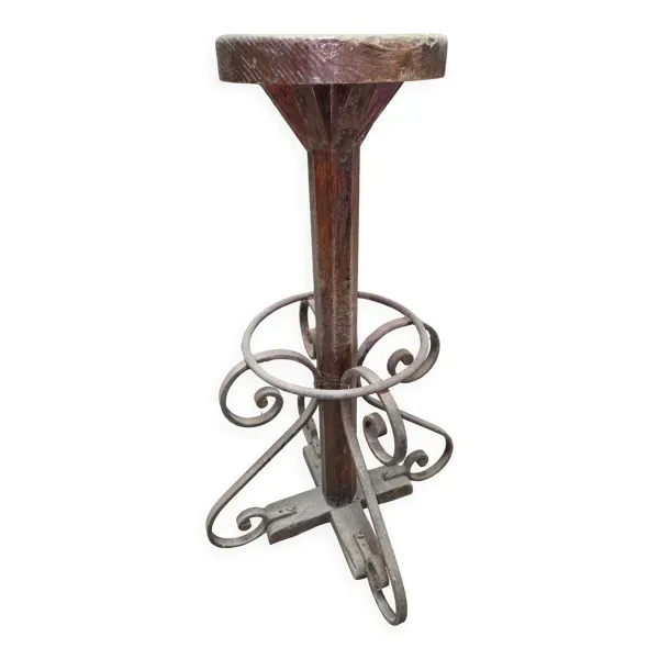 Tabouret d’atelier ancien bois et fer forgé – H 82 cm