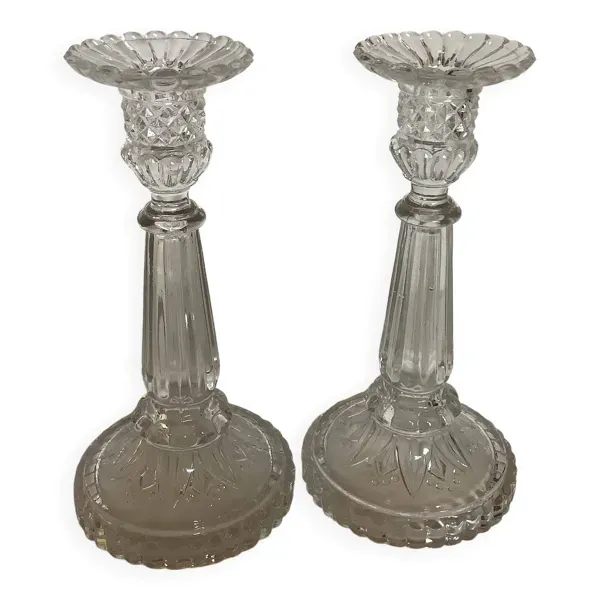 Paire de bougeoirs en cristal Val Saint Lambert décor pointes de diamant