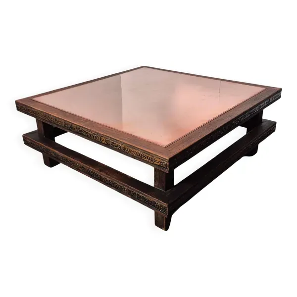 Table basse carrée en chêne brutaliste avec plateau en cuivre, Pays-Bas, années 1950.