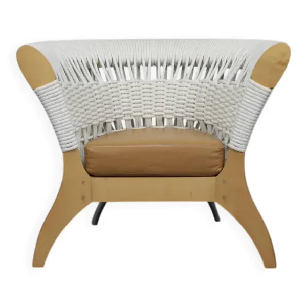 Fauteuil italien fabriqué à la main par Driade en bois, corde et cuir, Italie, années 1990