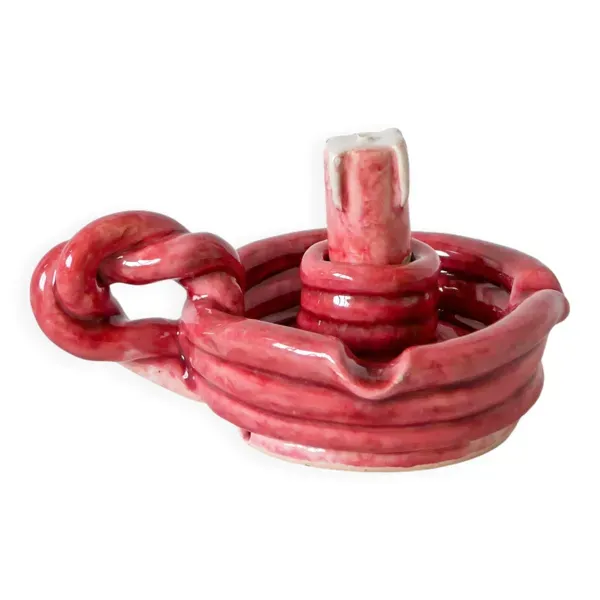 Bougeoir en barbotine tressée rose, 1960