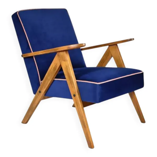 Fauteuil vintage B310 VAR ''Compas'', Pologne, super restauré, années 1960, velours bleu et rose.