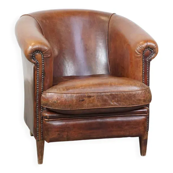 Fauteuil club en cuir de mouton couleur cognac