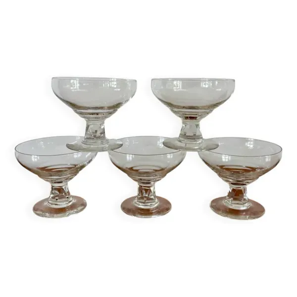 ensemble de 5 coupes champagne en cristal, pieds travaillé et facetté, 1960
