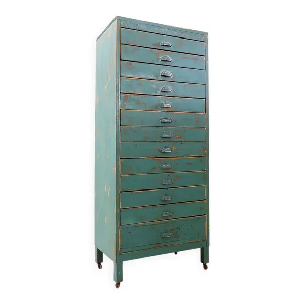 Meuble d'atelier industriel en pin avec 12 tiroirs, vers 1940