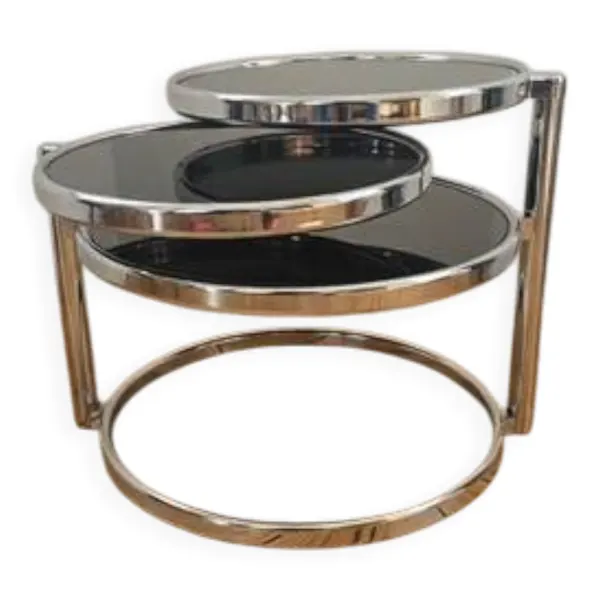 Table basse vintage 3 niveaux à plateaux pivotants en métal chromé et verre fumé - Space Age années 70