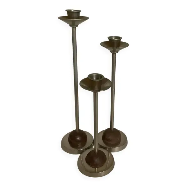 Trio de bougeoirs métal et bois