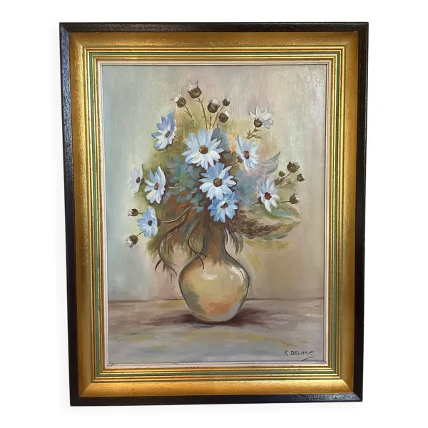 Tableau bouquet de fleurs bleues huile sur toile signée