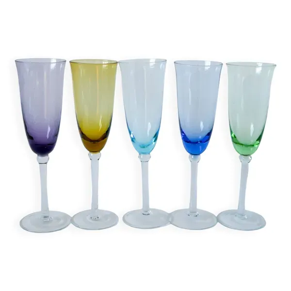 Ensemble de 5 flûtes en verre coloré multicolores 1970