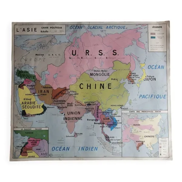 Carte scolaire vintage mdi Asie URSS -Amérique du Sud.