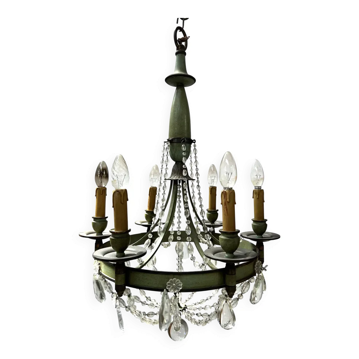 Lustre de style Empire a pampilles et tôle patinée XX siècle