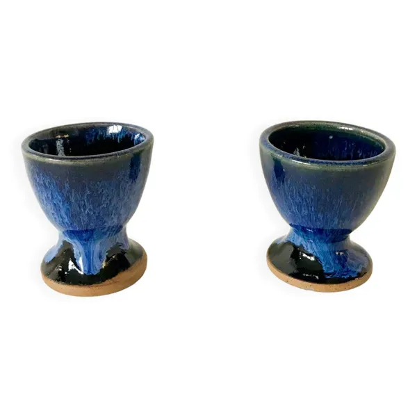 duo de coquetiers en grès / céramique bleue années 70