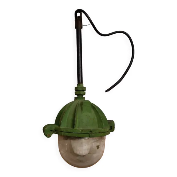 Lampe d’atelier industrielle ancienne en fonte et verre