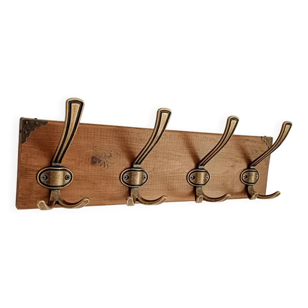 Porte-manteau mural en bois – 4 patères métalliques – 45 cm