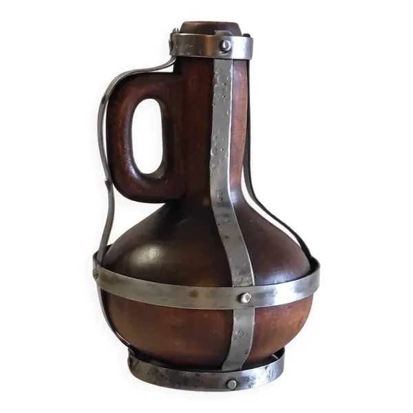 Vase, pichet en bois massif et métal, mid. XXème