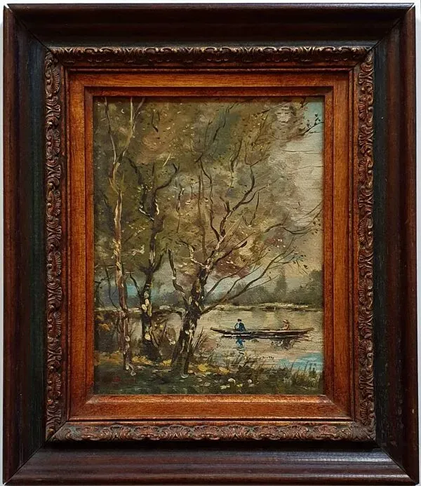 Tableau ancien la promenade en barque Signé Duval