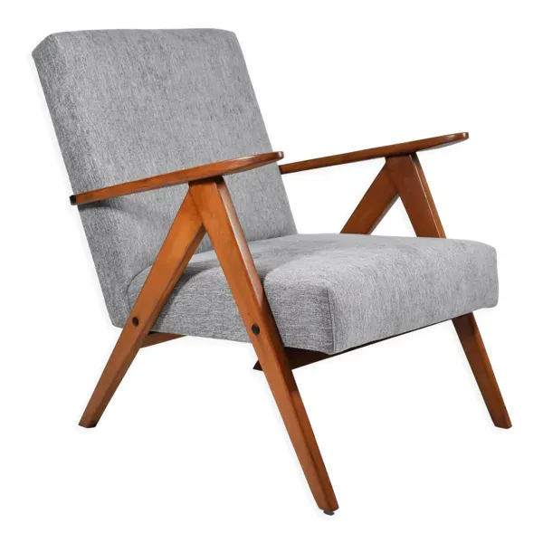 Fauteuil vintage Compas, années 1960, restauré, tissu gris, teck