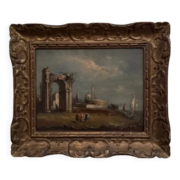 Huile sur panneau représentant un port début XXe