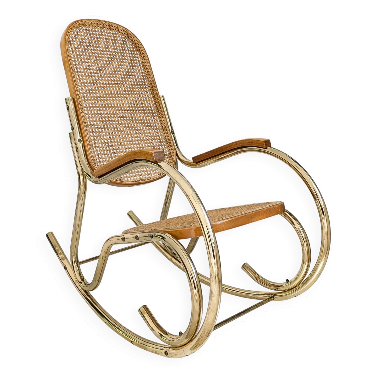 Fauteuil à bascule Vintage Tube d'acier Tressage viennois Laiton Or Mid Century Rétro Design Salon H