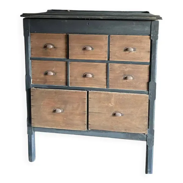 Ancien meuble de métier à tiroirs avec plateau ouvrant