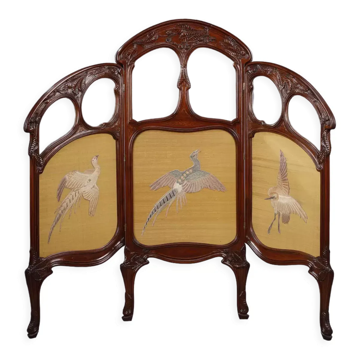 Paravent 1900 à trois feuilles en acajou signé Felix Bernard