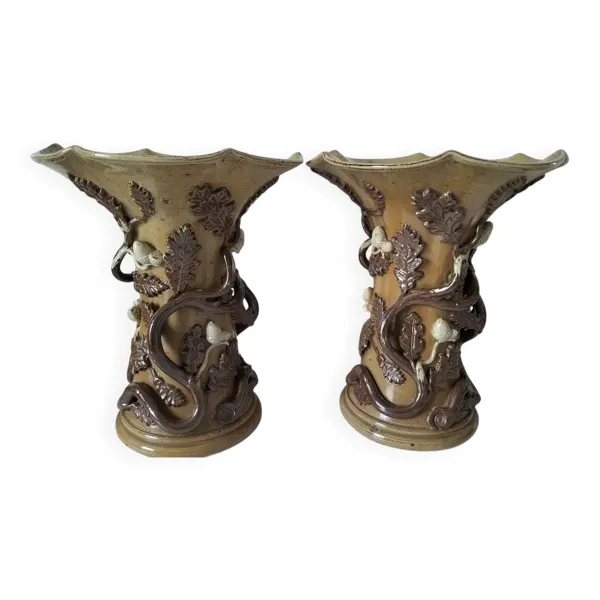 Duo vases en grès naturaliste – branches de chêne & glands en relief