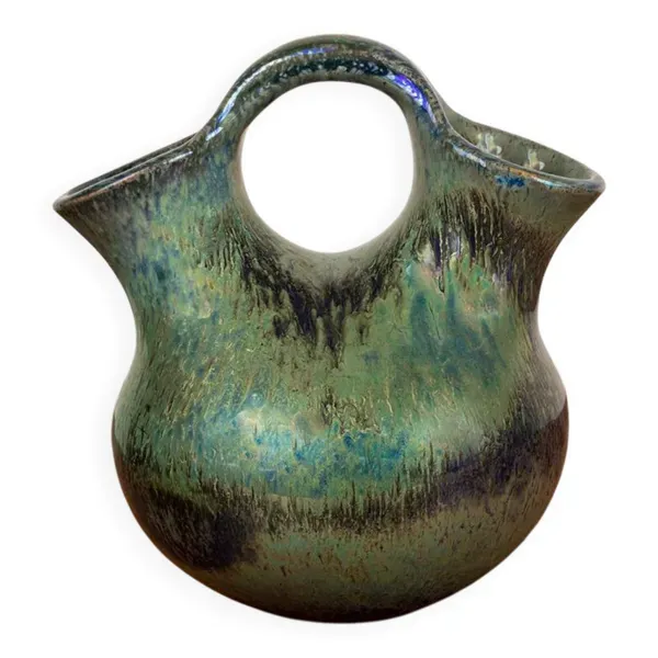 Vase double col Art-Déco en grés flammé vert irisé par Alphonse Cytère.