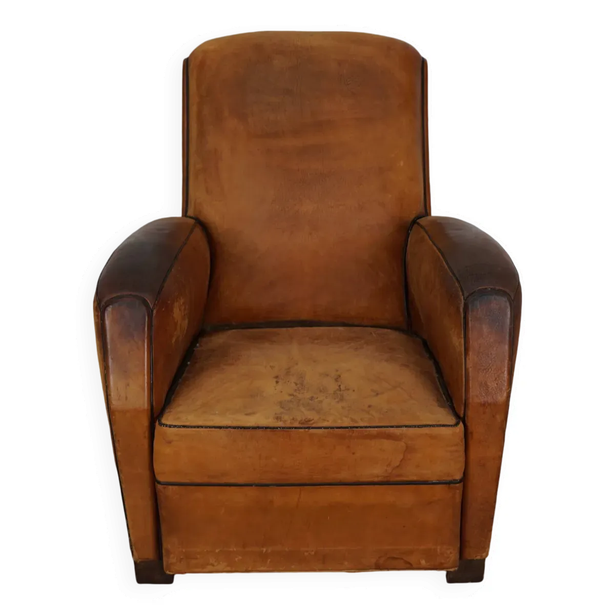 Fauteuil club vintage en cuir couleur cognac français, années 1950
