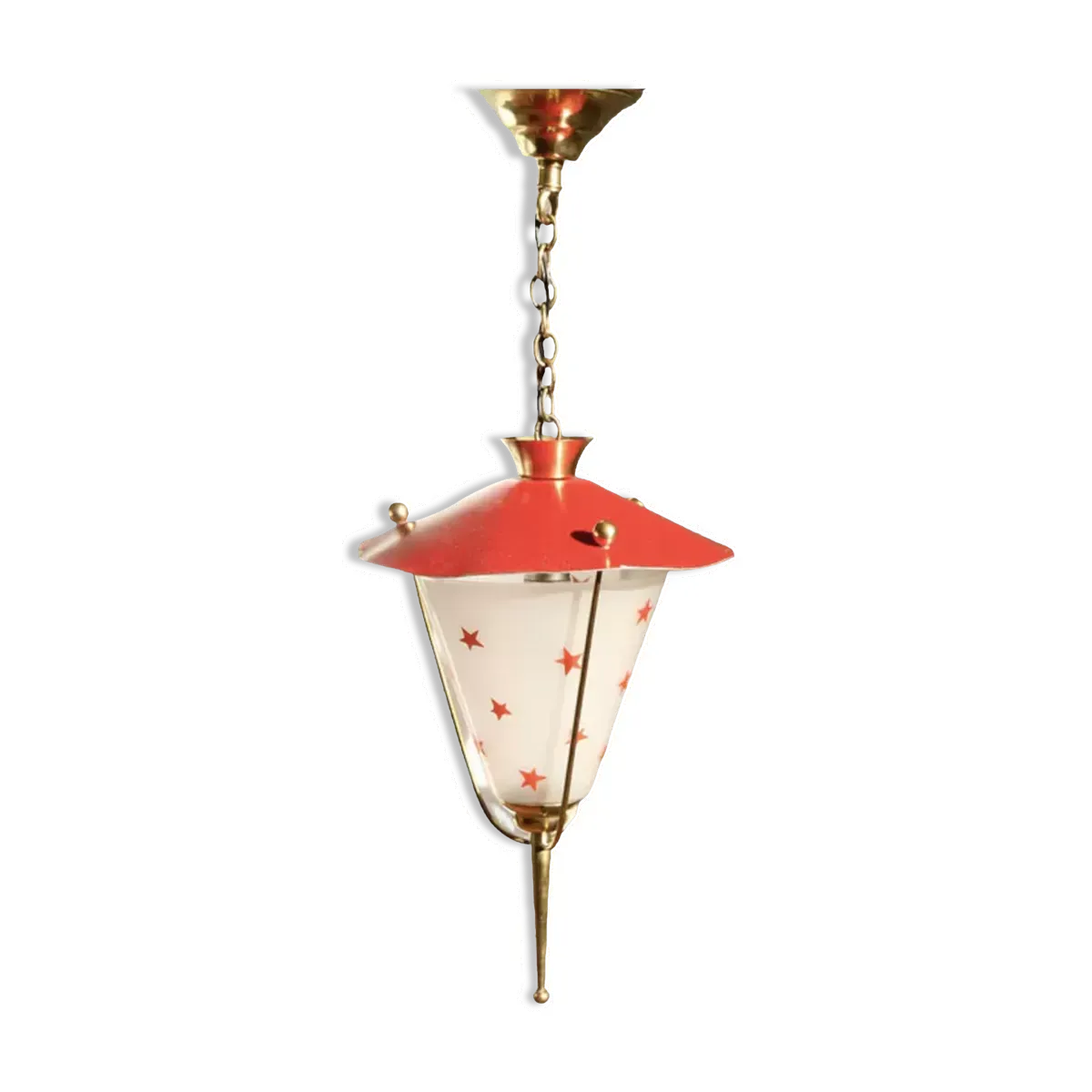 Lampe suspension en laiton et métal Rockabilly rouge.