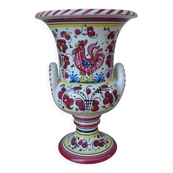 Vase en céramique coloré d’Italie Deruta l'Antica à décor de fleurs et coq