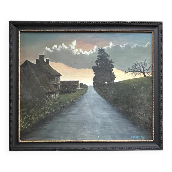 Chaumière de Flandre, Huile sur carton, G. Maerten XXe