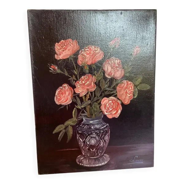 Tableau bouquet de rosesn huile sur toile signée